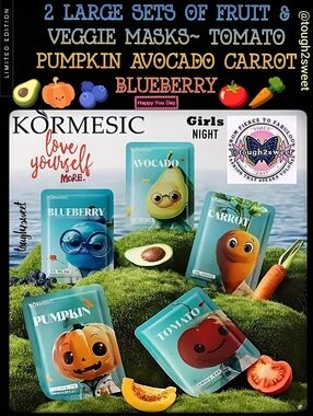 🆕️2 LARGE SETS OF FRUIT & VEGGIE MASKS~ TOMATO PUMPKIN AVOCADO CARROT BLUEBERRY